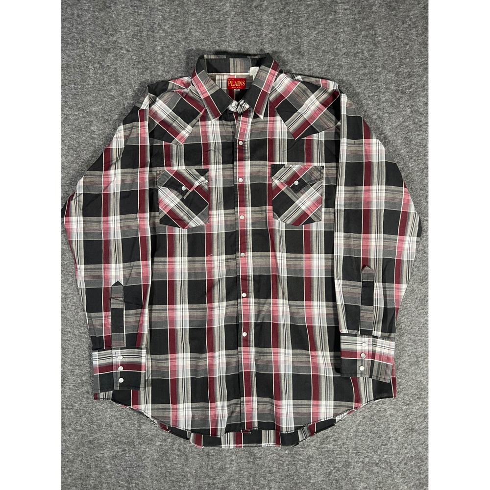 Vintage Ely Plains Western Pearl Snap Shirt Mens XL Black Red Plaid Long Sleeve